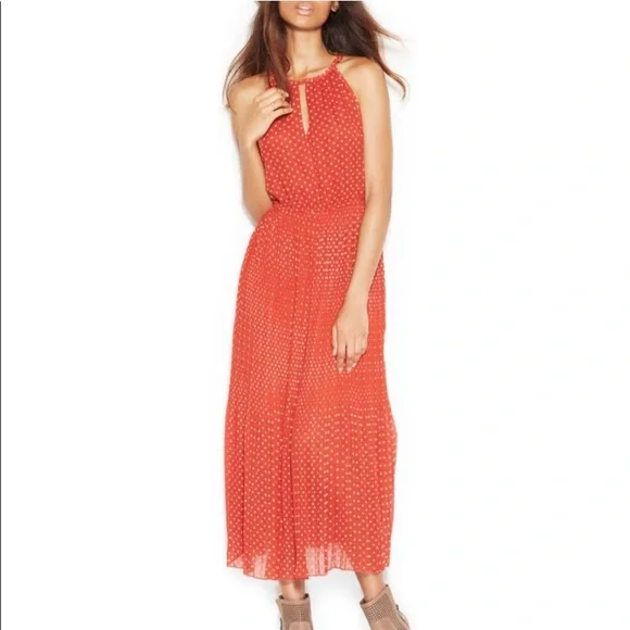 maison jules pleated dress Maison Jules Brick Red Polka Dot Pleated Midi Dress L